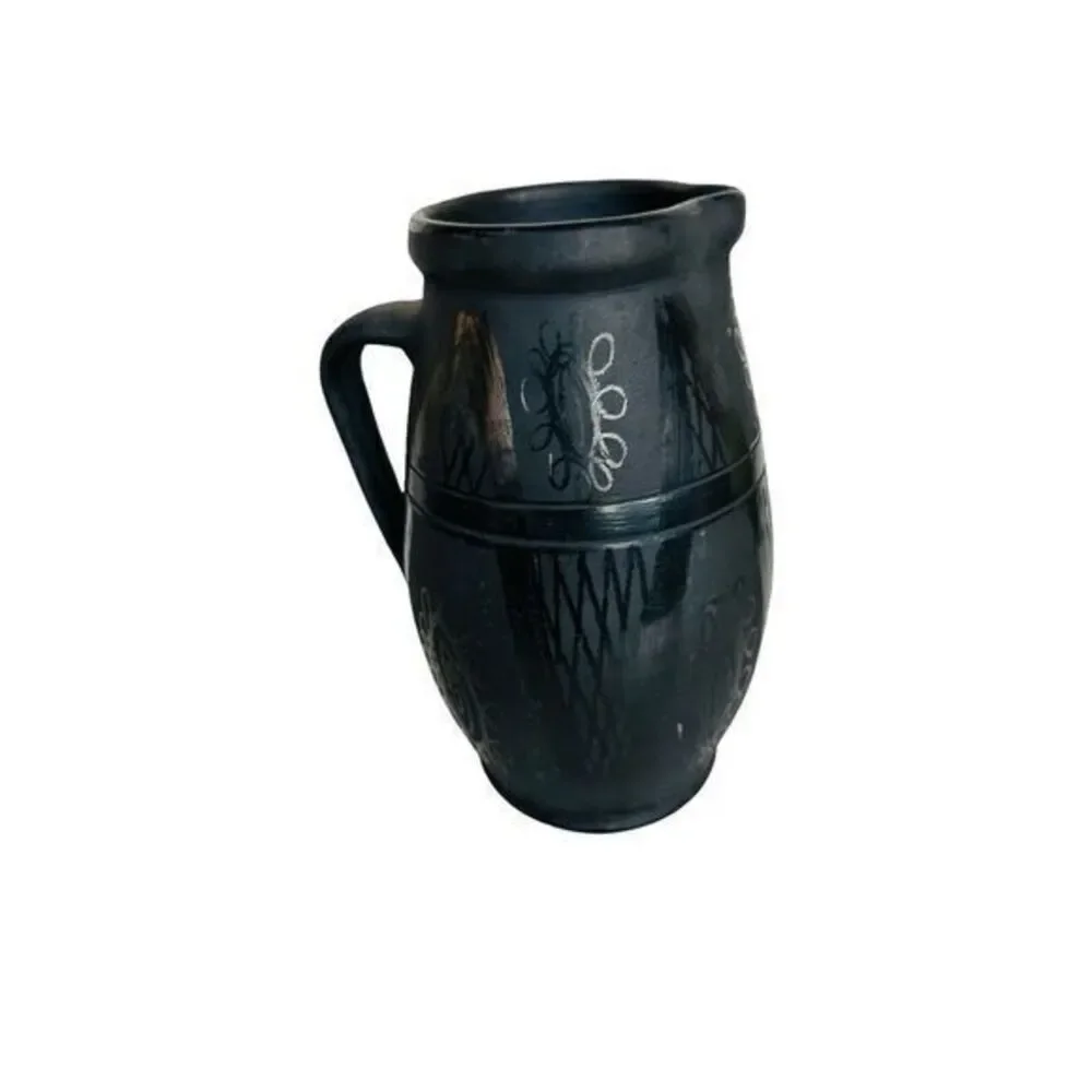 Vintage Pottery‎ Pitcher Charcoal/Black Abstract Design Artist Signed 8